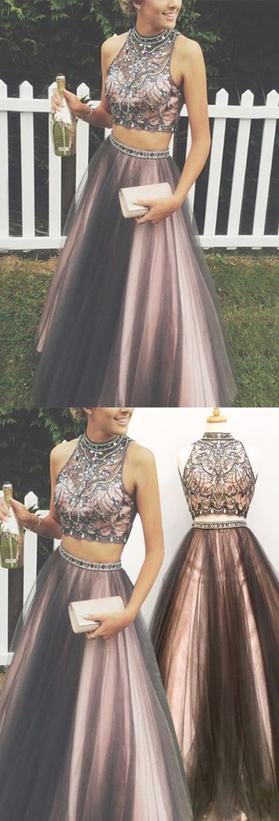 Two-Piece High Neck Floor-Length Rhinestone Grey Prom Dress with Beading dress,prom dress,long prom dress