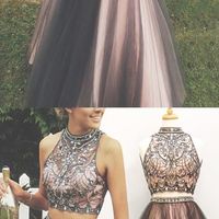 Two-Piece High Neck Floor-Length Rhinestone Grey Prom Dress with Beading dress,prom dress,long prom dress - Thumbnail 1