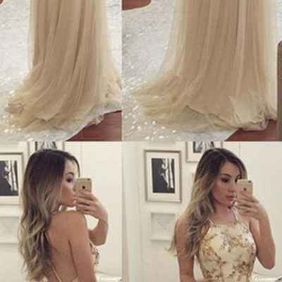 Champagne spaghetti appliques tulle prom dresses, long a-line prom dresses,evening dresses,pd3900454 - Thumbnail 2