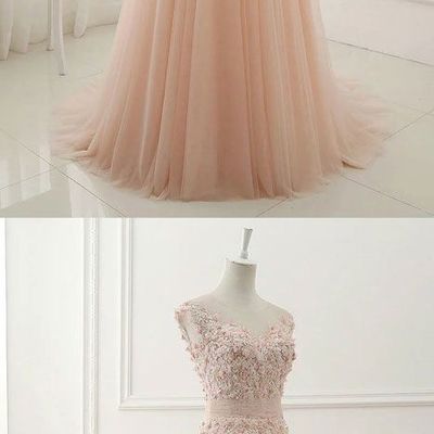 Pink round neck lace applique tulle long prom dress, tulle evening dresses,pd3900438