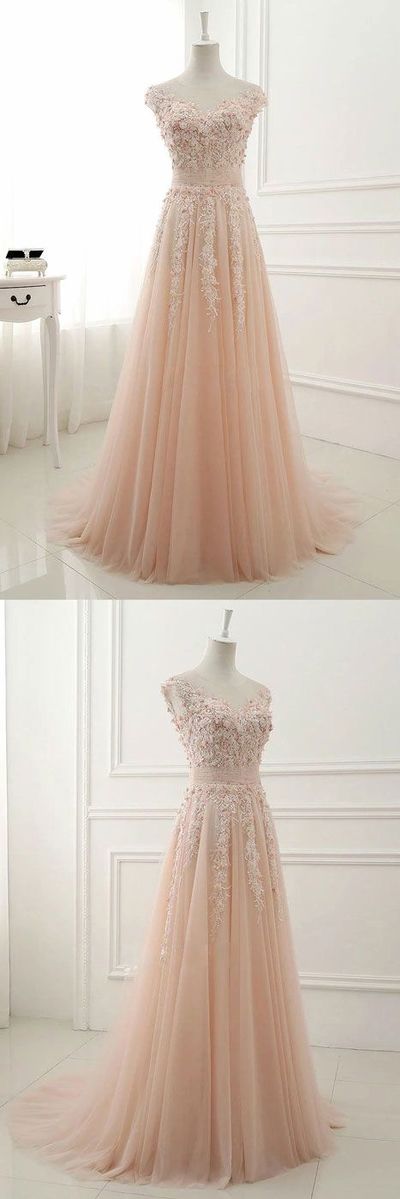 Pink round neck lace applique tulle long prom dress, tulle evening dresses,PD3900438
