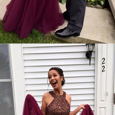 Unique two-piece burgundy tulle long prom/evening dress with beading prom,prom dress,prom dresses,prom gown,prom gowns,long prom dresses,pd3900416