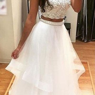 Two pieces prom dress,sexy evening dress,halter prom dresses,backless long party dress,white tulle prom dresses,pd3900415