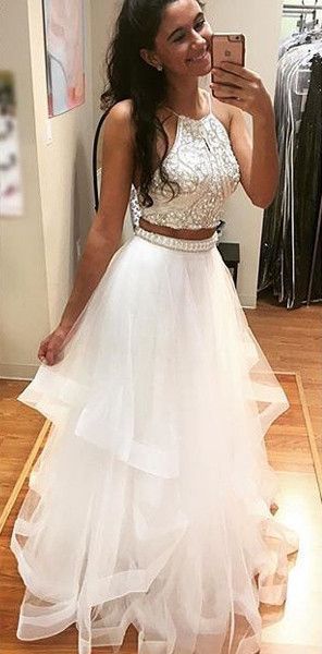 Two Pieces Prom Dress,Sexy Evening Dress,Halter Prom Dresses,Backless Long Party Dress,White Tulle Prom Dresses,PD3900415