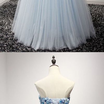 Blue long cheap prom dress strapless a line poofy tulle style with flowers, pd3900413