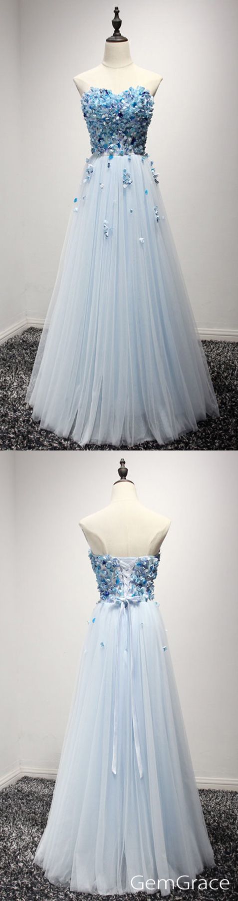 Blue Long Cheap Prom Dress Strapless A Line Poofy Tulle Style With Flowers, PD3900413