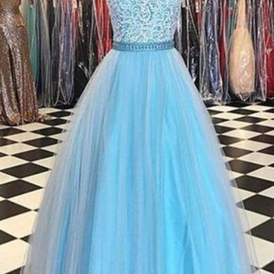 A line halter lace bodice prom gown,long tulle sleeveless long evening dresses,long prom dresses,pd3900408
