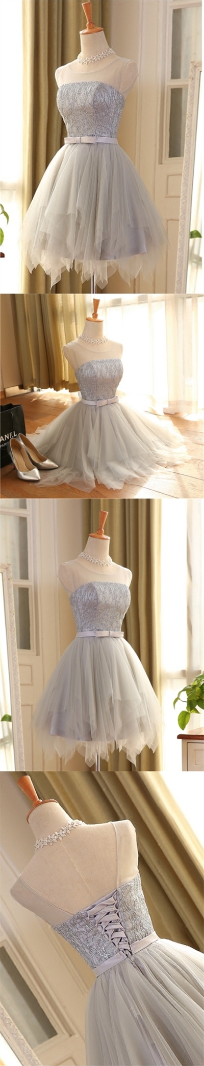 Homecoming Dress Silver Bowknot Lace-up Short Prom Dresses,Short Bridesmaid Dresses, PD3900407