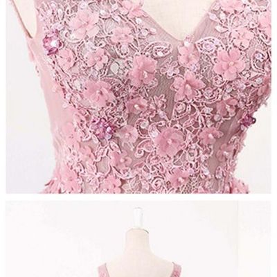 Blush pink v neckline two straps lace evening prom dresses, 2018 party prom dress, custom long prom dresses,prom dresses,pd3900406 - Thumbnail 4