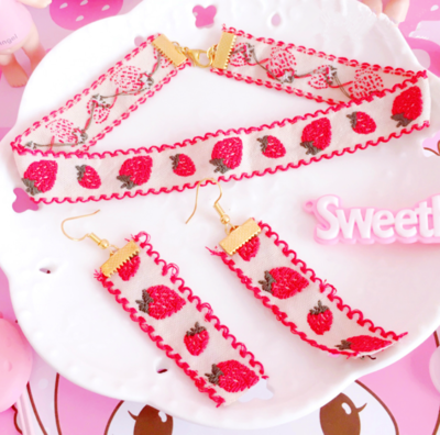 Sweet Strawberry Choker Necklace + Earrings Set