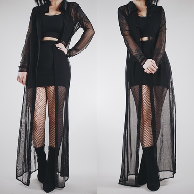 Claimed @artist.lolita - vintage 90s sheer slim maxi duster cardigan with velvet collar 