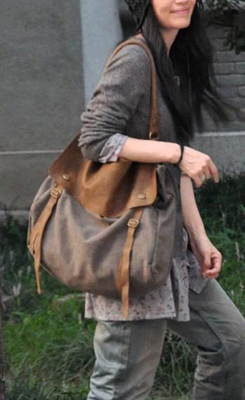 Brown Leather and Brown Canvas Messenger Bag, Overnight Bag, Shoulder Bag