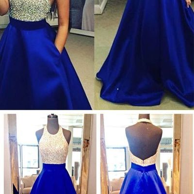 A-line halter sequins blue satin long prom evening formal dresses ,pd3900263