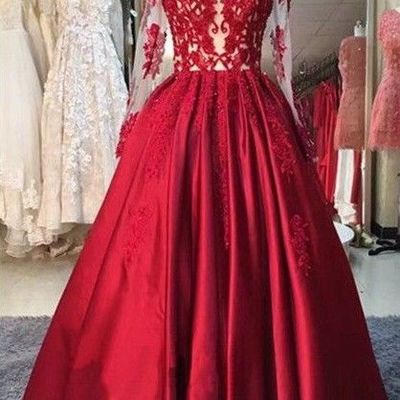 Red puffy prom dresses off-the-shoulder long sleeves lace appliques evening gowns,pd3900209 - Thumbnail 4