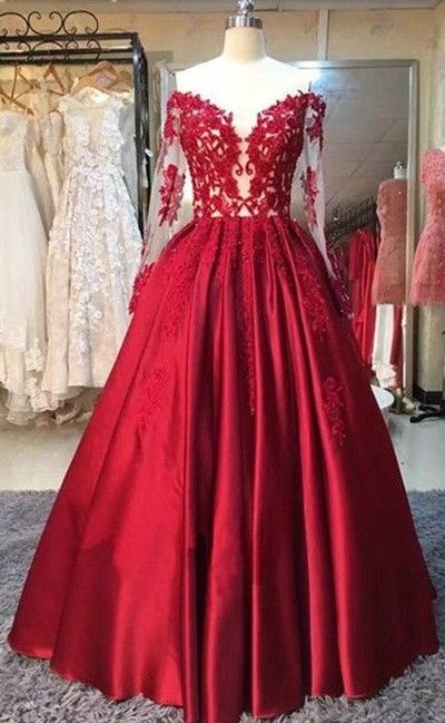 Red Puffy Prom Dresses Off-the-Shoulder Long Sleeves Lace Appliques Evening Gowns,PD3900209