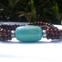 Wood Beaded Bracelets w/ Turquoise Charm - Thumbnail 2