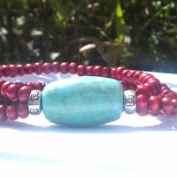 Wood Beaded Bracelets w/ Turquoise Charm - Thumbnail 3