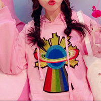 Harajuku Shiny Galaxy Planet Embroidered Hoodie Sweatshirt - Thumbnail 3