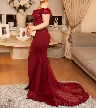 Glam Burgundy Off Shoulder Prom Dresses, Lace Party Dresses, Formal Gowns