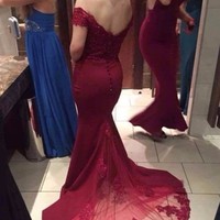 Glam Burgundy Off Shoulder Prom Dresses, Lace Party Dresses, Formal Gowns - Thumbnail 1