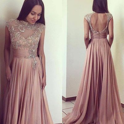 Cap sleeves open back long prom dresses evening dresses with beaded - Thumbnail 5