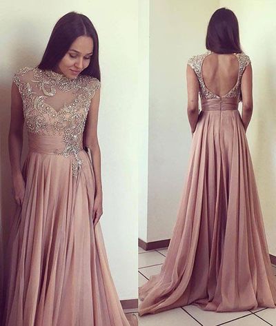 Cap Sleeves Open Back Long Prom Dresses Evening Dresses with Beaded