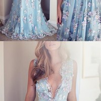 V-neck Sleeveless Blue tulle Appliques Prom Dresses, Affordable Long A-line Prom Dress,PD390058 - Thumbnail 1