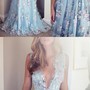 V-neck Sleeveless Blue tulle Appliques Prom Dresses, Affordable Long A-line Prom Dress,PD390058-1