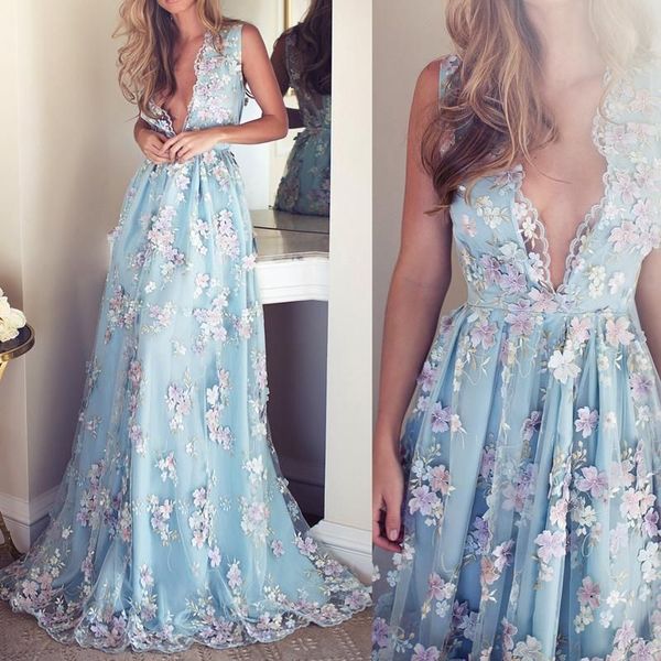 V-neck Sleeveless Blue tulle Appliques Prom Dresses, Affordable Long A-line Prom Dress,PD390058