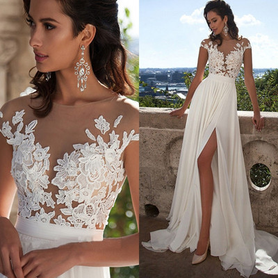 Elegant Wedding Dresses A-Line Sheer Neck Sweep Train Lace Appliques Thigh-High Slits Covered Button Beach Country Summer