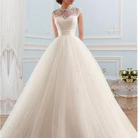 Elegant Ball Gown Wedding Dresses Princess Sheer High Neck Cap Sleeves Cut Out Corset Back Soft Tulle Bridal Gowns - Thumbnail 1
