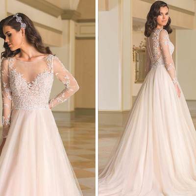 Classy winter wedding dresses with sheer long sleeves bateau neck a-line lace applique chiffon bridal gowns
