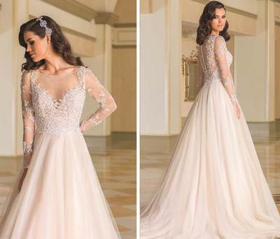 Classy Winter Wedding Dresses With Sheer Long Sleeves Bateau Neck A-Line Lace Applique Chiffon Bridal Gowns
