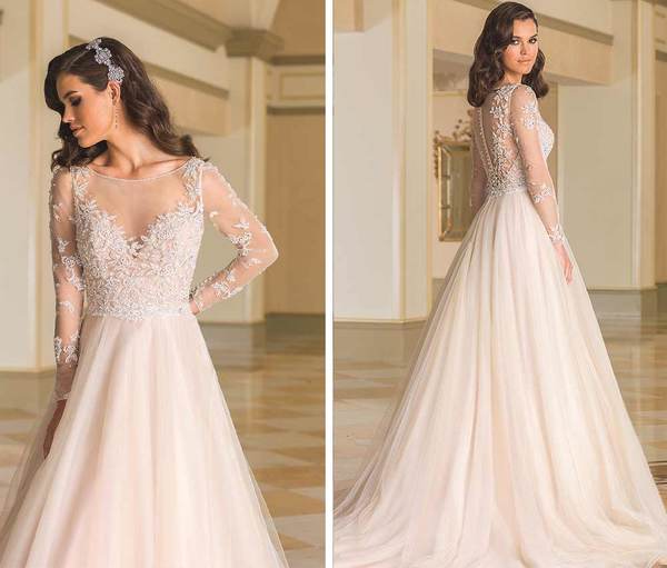 Classy Winter Wedding Dresses With Sheer Long Sleeves Bateau Neck A-Line Lace Applique Chiffon Bridal Gowns