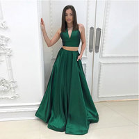 Green V neck two pieces long prom dress, green evening dress - Thumbnail 1