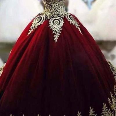 Gorgeous prom gowns with applique, burgundy ball gowns, party dresses 2018