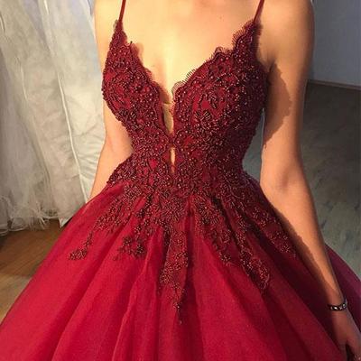 Custom made burgundy v neck tulle lace long prom dress, burgundy evening dress