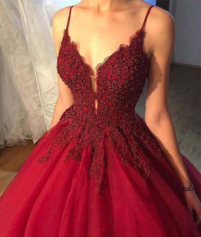 Custom made burgundy v neck tulle lace long prom dress, burgundy evening dress