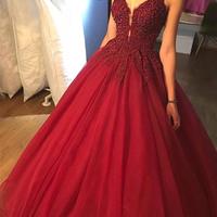 Custom made burgundy v neck tulle lace long prom dress, burgundy evening dress - Thumbnail 1