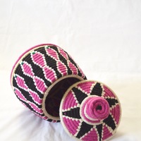  SOLD SOLD SOLD Berber Basket Handwoven Vintage Moroccan Wool Lidded Basket - Thumbnail 1