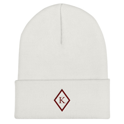 The floating k diamond of kappa alpha psi cuffed white beanie