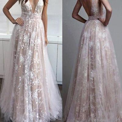 Lace prom dress, long prom dress, v-neck prom dress, 2017 evening dress, charming prom dress, bd23002