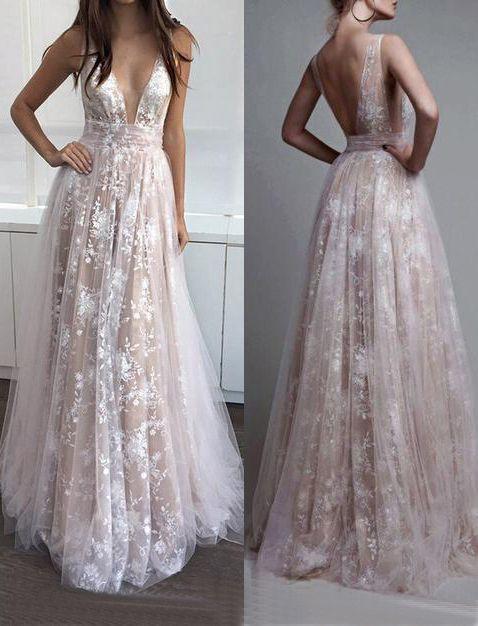 lace prom dress, long prom dress, v-neck prom dress, 2017 evening dress, charming prom dress, BD23002