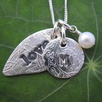 Love leaf necklace, initial, pearl