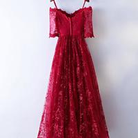 Stylish burgundy lace long prom dress, burgundy evening dress - Thumbnail 1