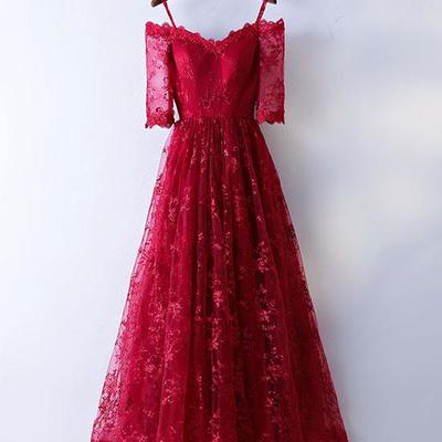 Stylish burgundy lace long prom dress, burgundy evening dress - Thumbnail 3
