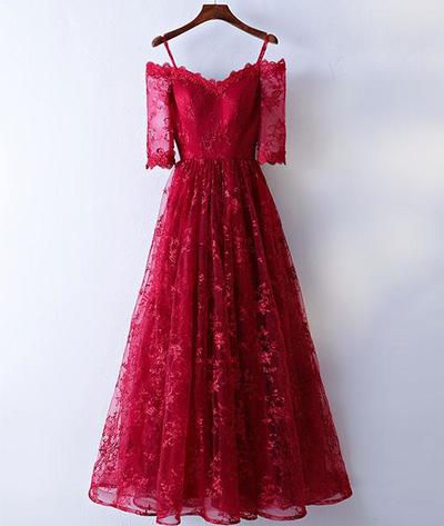 Stylish burgundy lace long prom dress, burgundy evening dress