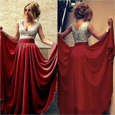 Silver Sequined V Neck Long Prom Dresses Evening Dresses