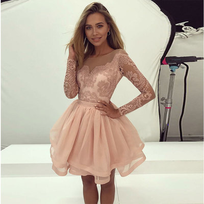 Cute pink lace long sleeve short prom dress, long sleeve homecoming dress
