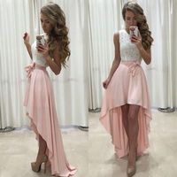 White and pink high low prom dress, lace evening dress - Thumbnail 1